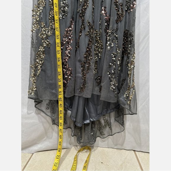 NWT $698 Mac Duggal [‎ 8 ] Cape Sleeve Embellished Gown in Charcoal Multi Gold - Picture 8 of 15